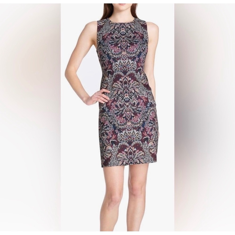 Tommy Hilfiger Navy Burgundy Paisley Jacquard Sheath Dress Womens 14 Sleeveless